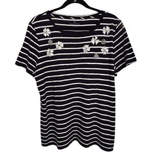 Talbots Navy & White Stripe Beaded Floral Short Sleeve Tee Size X